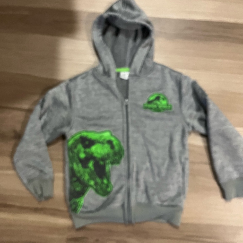 Kids Gray Hoodie with Green Dinosaur Design